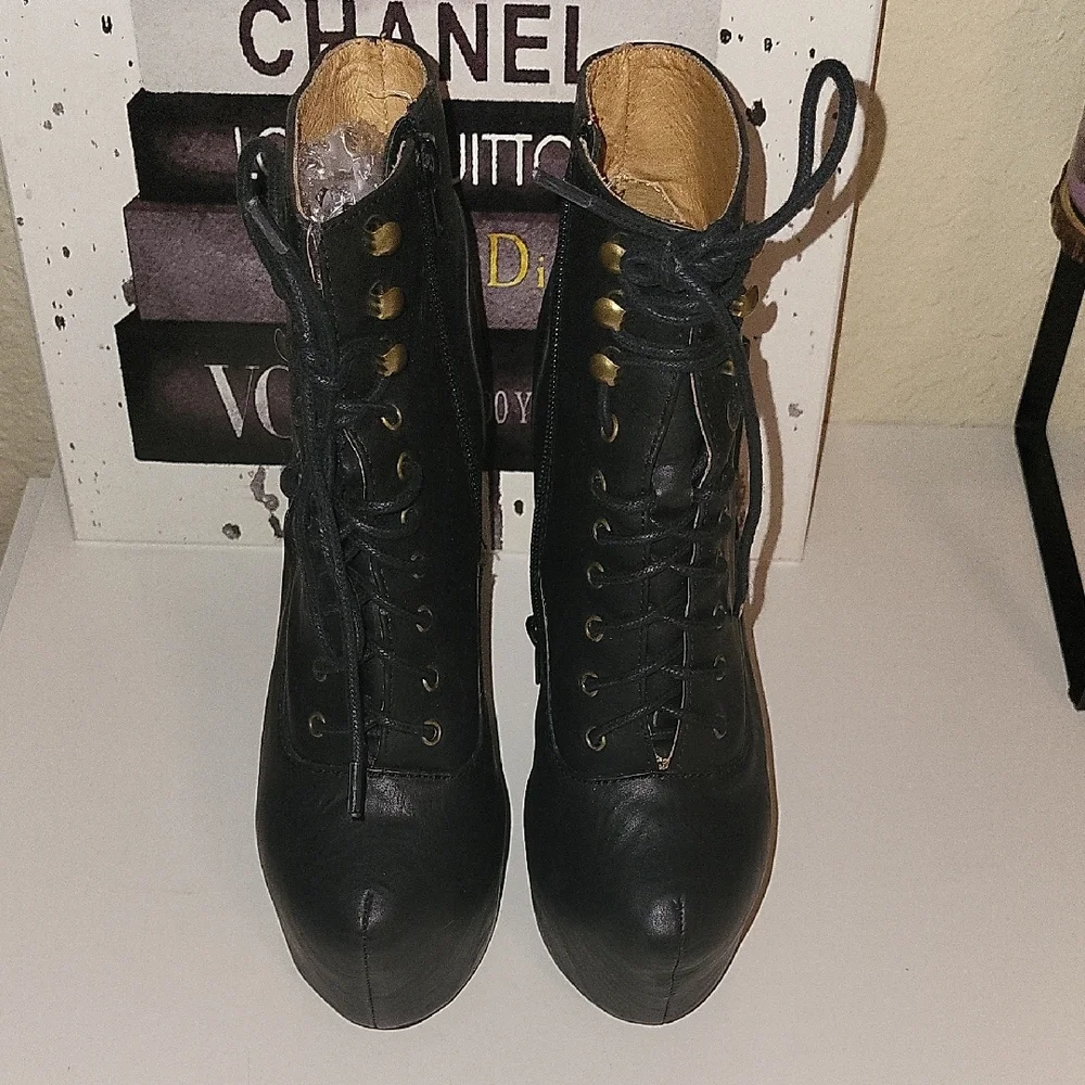 Jeffrey Campbell Damsel Black Lace Up Platform Wedge Boots, Sz 7.5 - Picture 3 of 11